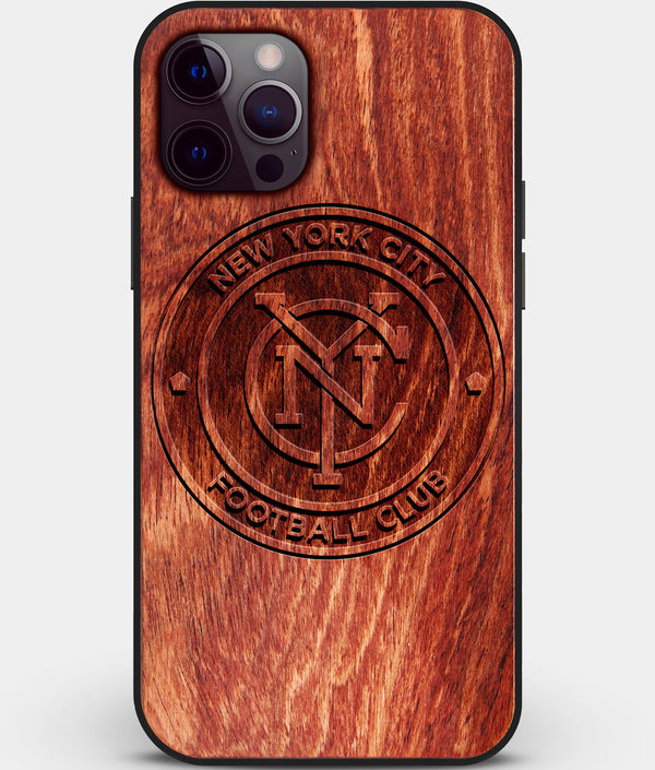 Custom Carved Wood New York City FC iPhone 12 Pro Case | Personalized Mahogany Wood New York City FC Cover, Birthday Gift, Gifts For Him, Monogrammed Gift For Fan | by Engraved In Nature
