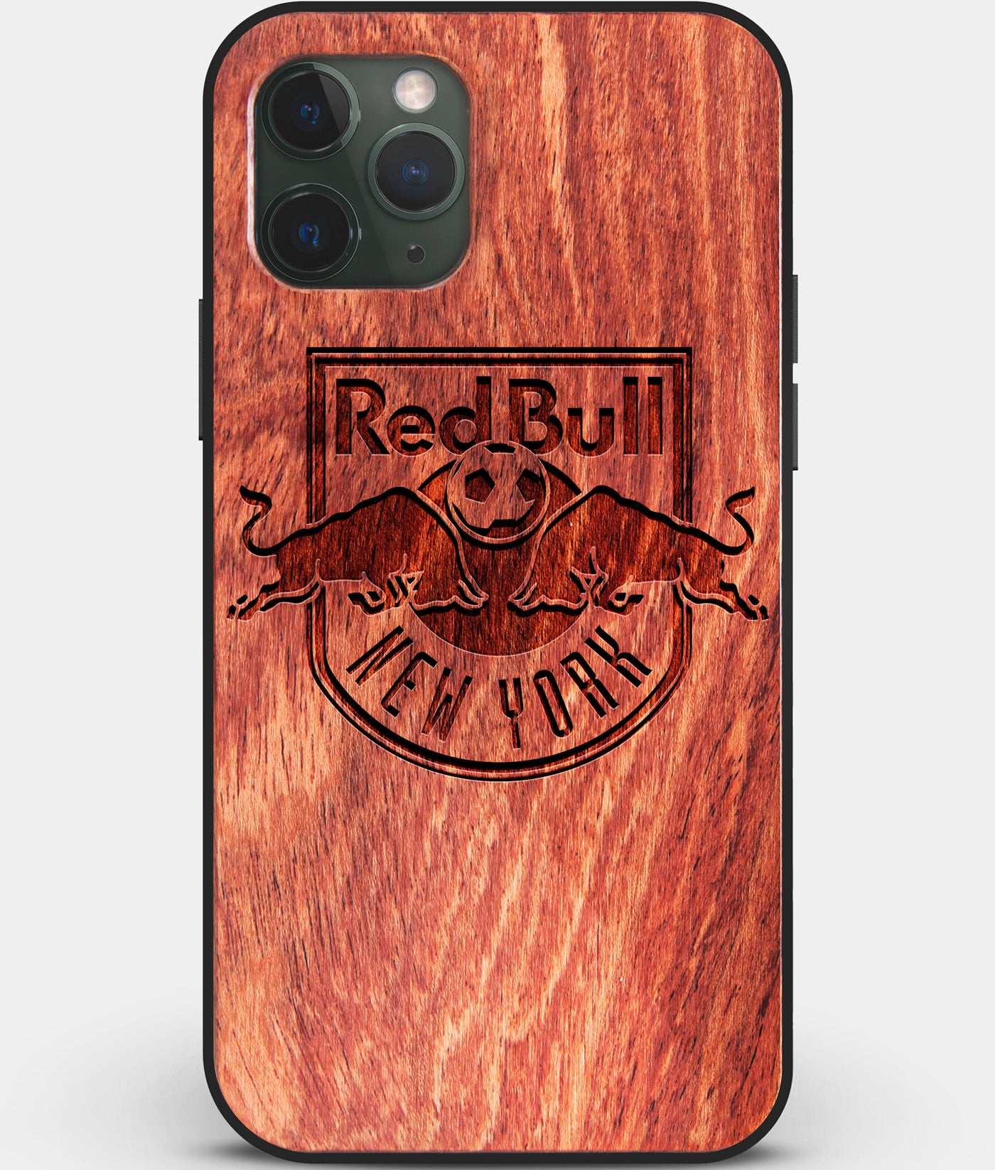 Custom Carved Wood New York City Red Bulls iPhone 11 Pro Case | Personalized Mahogany Wood New York City Red Bulls Cover, Birthday Gift, Gifts For Him, Monogrammed Gift For Fan | by Engraved In Nature