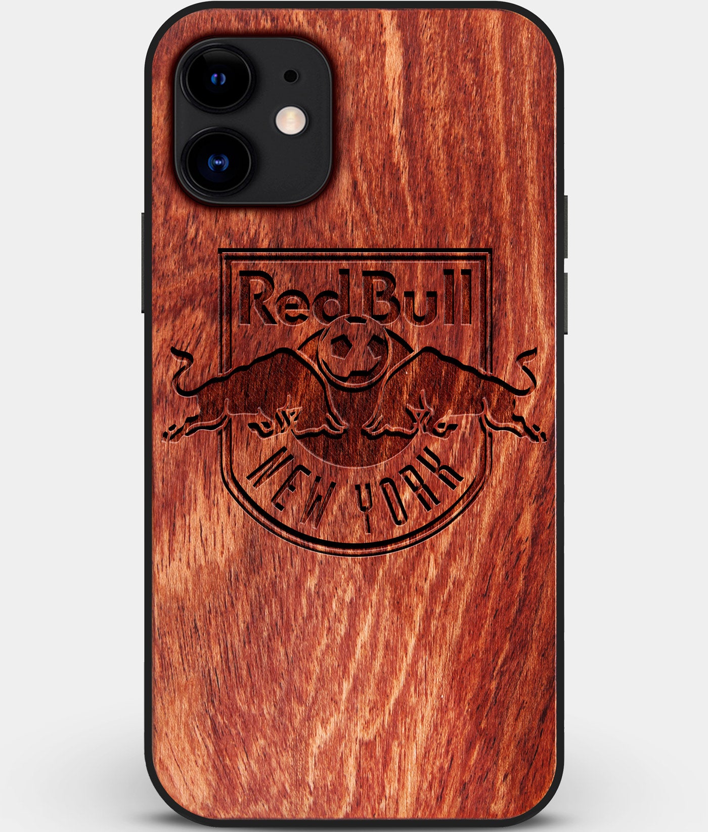 Custom Carved Wood New York City Red Bulls iPhone 12 Case | Personalized Mahogany Wood New York City Red Bulls Cover, Birthday Gift, Gifts For Him, Monogrammed Gift For Fan | by Engraved In Nature