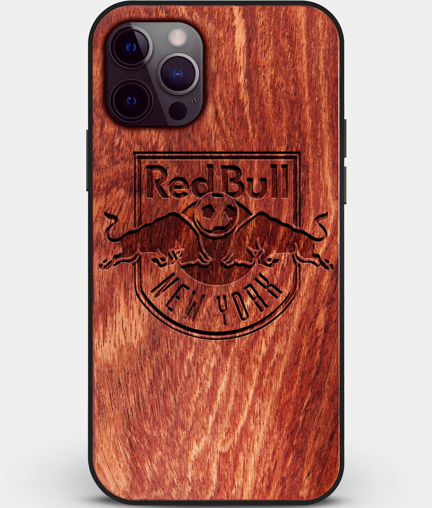 Custom Carved Wood New York City Red Bulls iPhone 12 Pro Case | Personalized Mahogany Wood New York City Red Bulls Cover, Birthday Gift, Gifts For Him, Monogrammed Gift For Fan | by Engraved In Nature