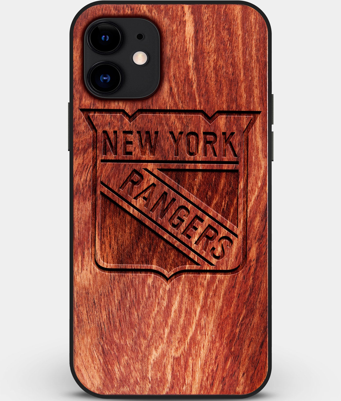Custom Carved Wood New York Rangers iPhone 12 Case | Personalized Mahogany Wood New York Rangers Cover, Birthday Gift, Gifts For Him, Monogrammed Gift For Fan | by Engraved In Nature