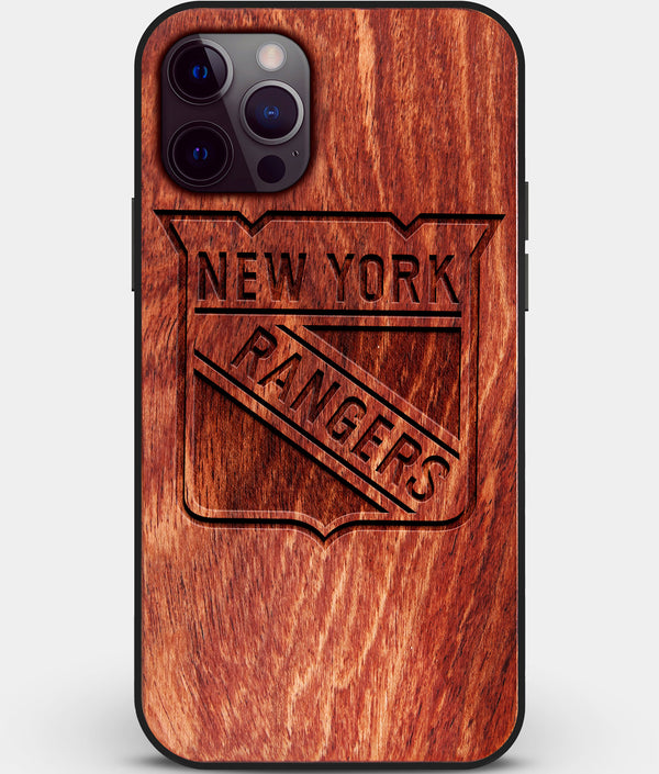 Custom Carved Wood New York Rangers iPhone 12 Pro Case | Personalized Mahogany Wood New York Rangers Cover, Birthday Gift, Gifts For Him, Monogrammed Gift For Fan | by Engraved In Nature