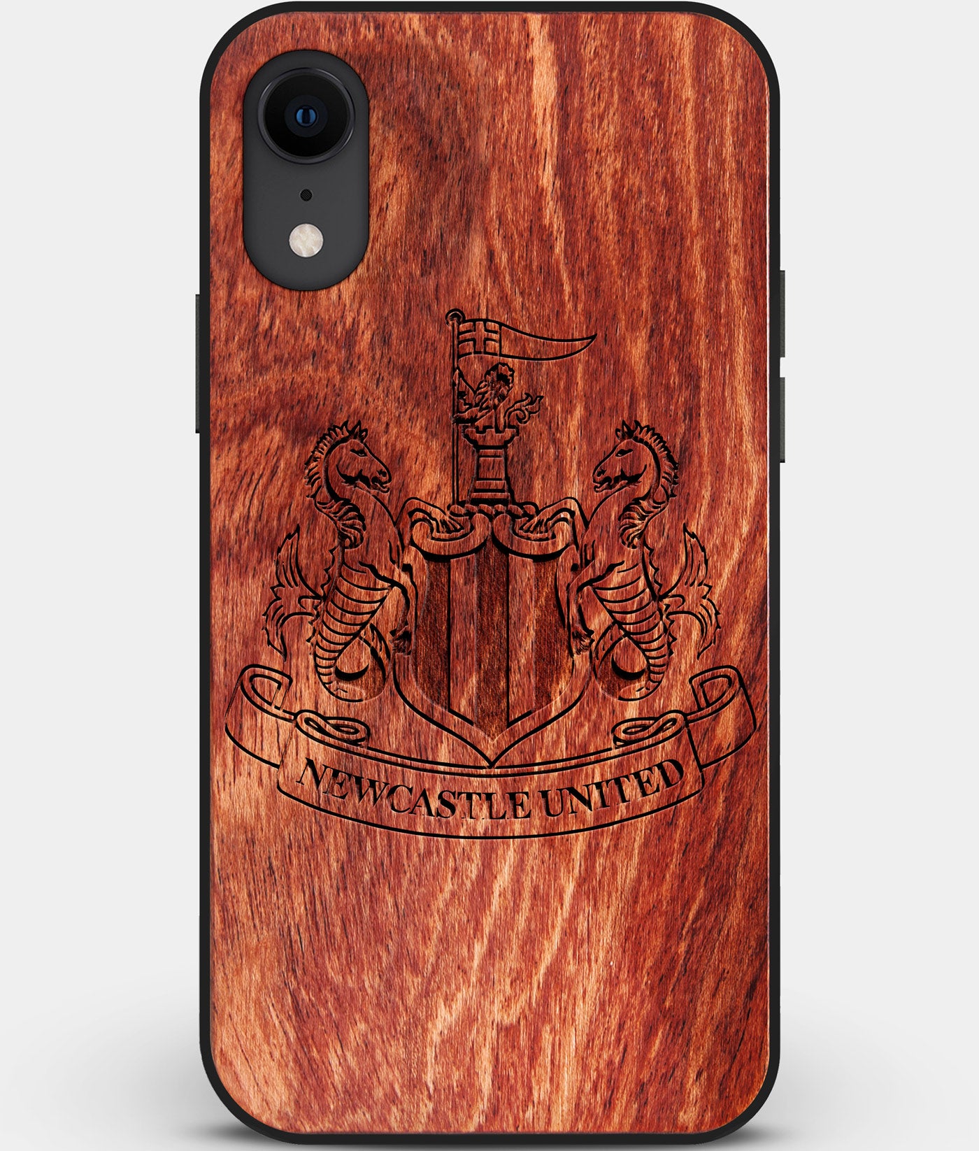 Custom Carved Wood Newcastle United F.C. iPhone XR Case | Personalized Mahogany Wood Newcastle United F.C. Cover, Birthday Gift, Gifts For Him, Monogrammed Gift For Fan | by Engraved In Nature
