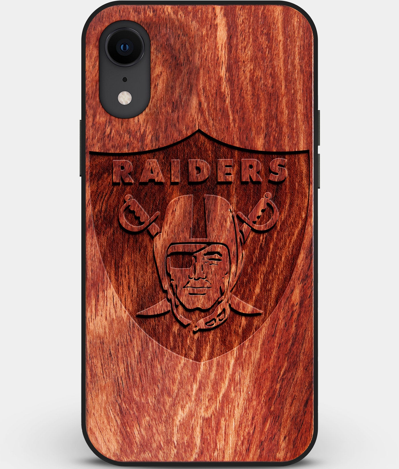 Custom Carved Wood Oakland Raiders iPhone XR Case | Personalized Mahogany Wood Oakland Raiders Cover, Birthday Gift, Gifts For Him, Monogrammed Gift For Fan | by Engraved In Nature