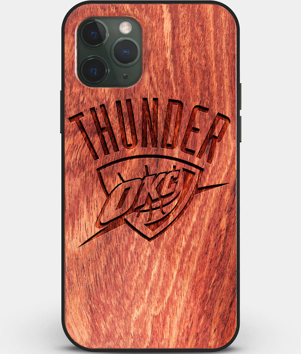 Custom Carved Wood OKC Thunder iPhone 11 Pro Case | Personalized Mahogany Wood OKC Thunder Cover, Birthday Gift, Gifts For Him, Monogrammed Gift For Fan | by Engraved In Nature