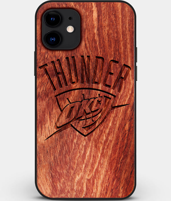 Custom Carved Wood OKC Thunder iPhone 12 Mini Case | Personalized Mahogany Wood OKC Thunder Cover, Birthday Gift, Gifts For Him, Monogrammed Gift For Fan | by Engraved In Nature