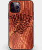 Custom Carved Wood OKC Thunder iPhone 12 Pro Case | Personalized Mahogany Wood OKC Thunder Cover, Birthday Gift, Gifts For Him, Monogrammed Gift For Fan | by Engraved In Nature