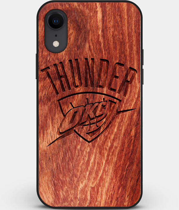 Custom Carved Wood OKC Thunder iPhone XR Case | Personalized Mahogany Wood OKC Thunder Cover, Birthday Gift, Gifts For Him, Monogrammed Gift For Fan | by Engraved In Nature
