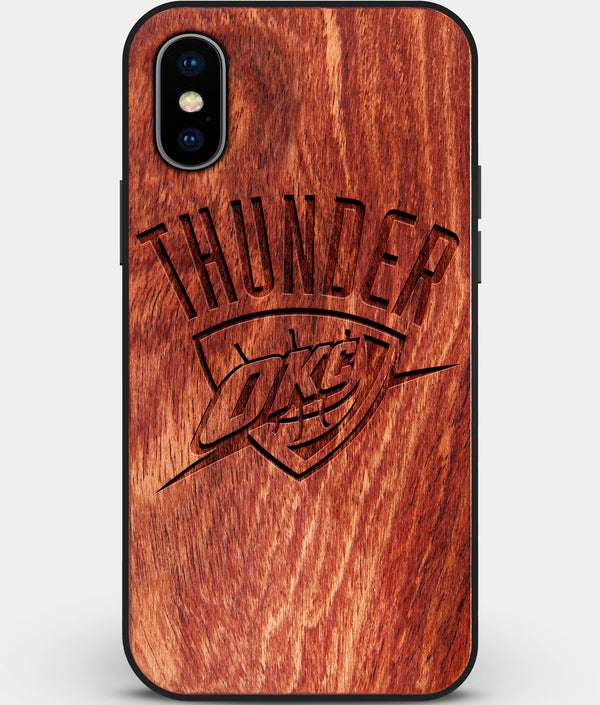 Custom Carved Wood OKC Thunder iPhone X/XS Case | Personalized Mahogany Wood OKC Thunder Cover, Birthday Gift, Gifts For Him, Monogrammed Gift For Fan | by Engraved In Nature
