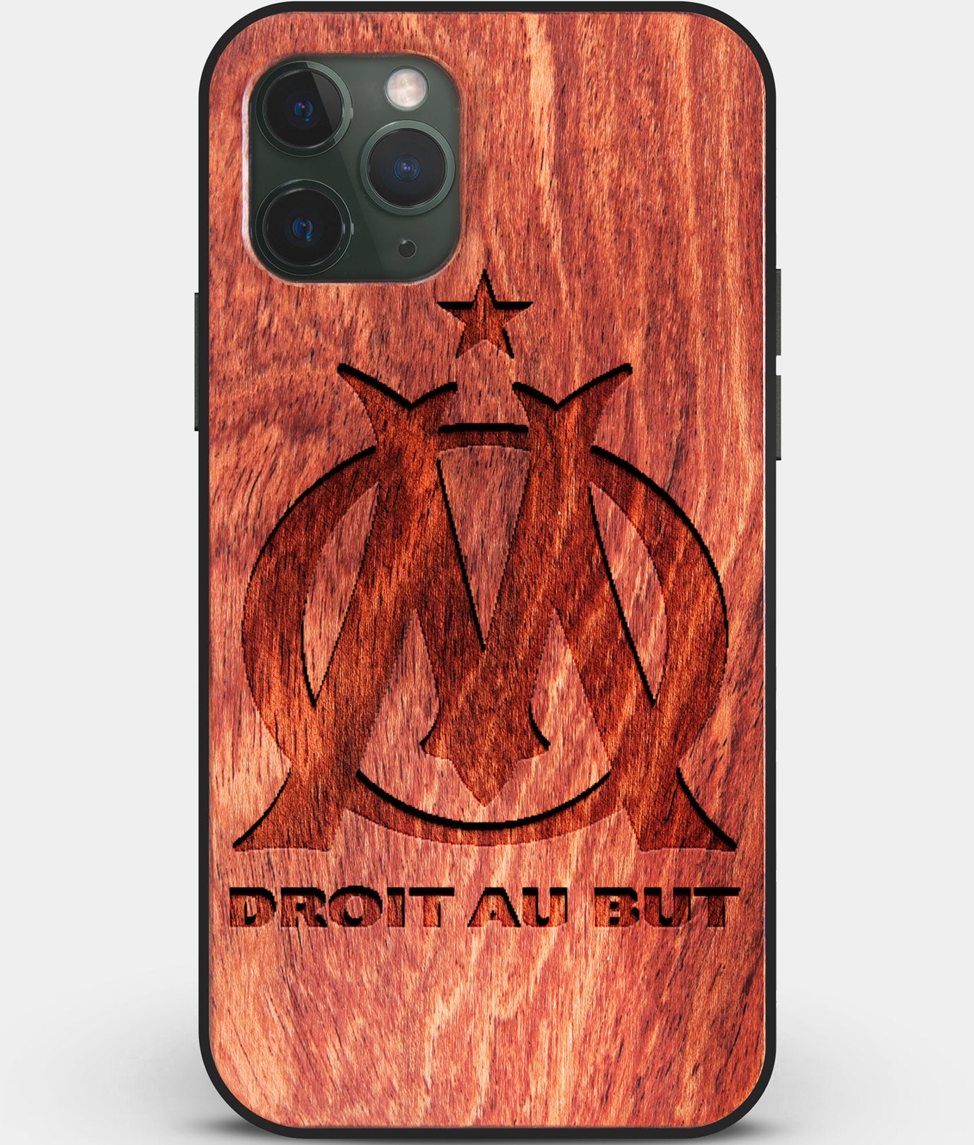 Custom Carved Wood Olympique de Marseille iPhone 11 Pro Case | Personalized Mahogany Wood Olympique de Marseille Cover, Birthday Gift, Gifts For Him, Monogrammed Gift For Fan | by Engraved In Nature