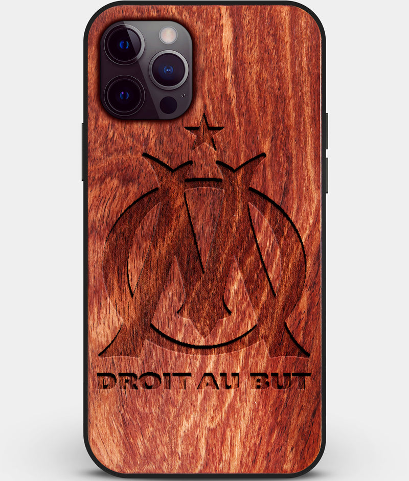 Custom Carved Wood Olympique de Marseille iPhone 12 Pro Case | Personalized Mahogany Wood Olympique de Marseille Cover, Birthday Gift, Gifts For Him, Monogrammed Gift For Fan | by Engraved In Nature