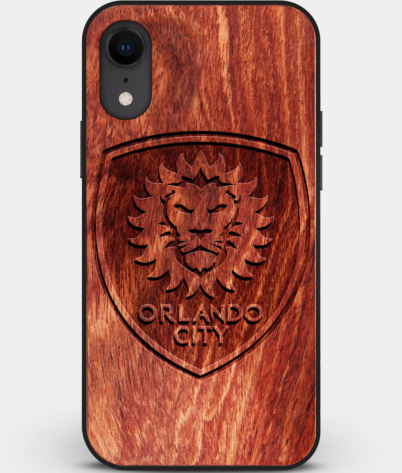 Custom Carved Wood Orlando City SC iPhone XR Case | Personalized Mahogany Wood Orlando City SC Cover, Birthday Gift, Gifts For Him, Monogrammed Gift For Fan | by Engraved In Nature