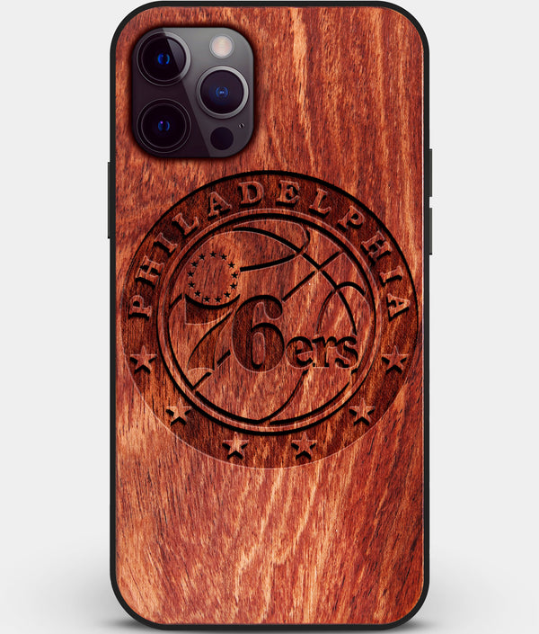 Custom Carved Wood Philadelphia 76Ers iPhone 12 Pro Case | Personalized Mahogany Wood Philadelphia 76Ers Cover, Birthday Gift, Gifts For Him, Monogrammed Gift For Fan | by Engraved In Nature