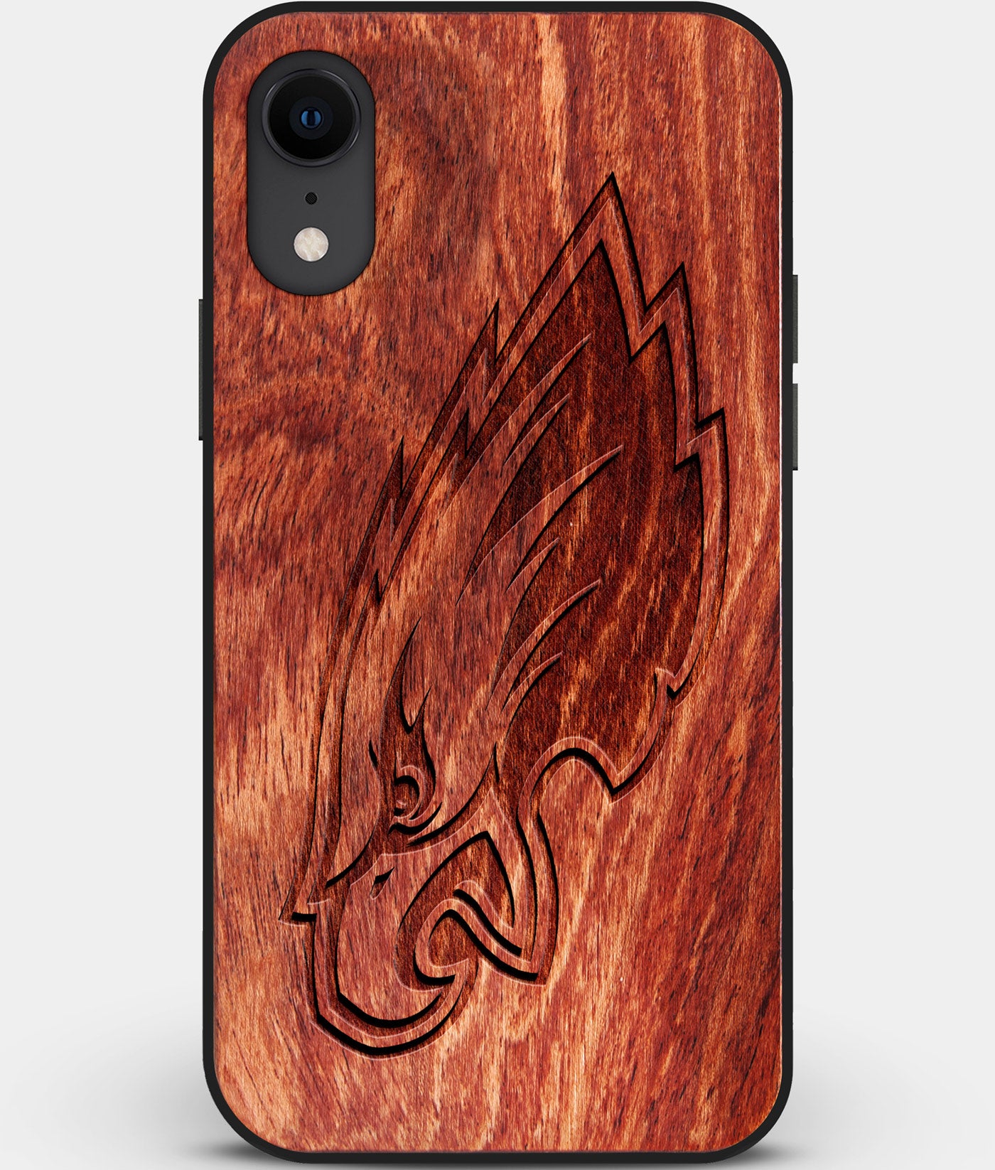 Custom Carved Wood Philadelphia Eagles iPhone XR Case | Personalized Mahogany Wood Philadelphia Eagles Cover, Birthday Gift, Gifts For Him, Monogrammed Gift For Fan | by Engraved In Nature