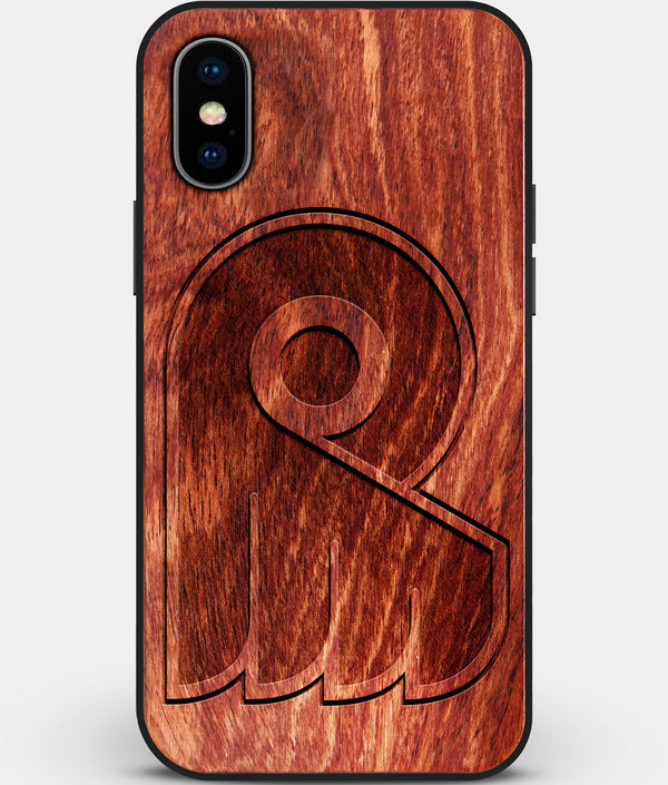 Custom Carved Wood Philadelphia Flyers iPhone X/XS Case | Personalized Mahogany Wood Philadelphia Flyers Cover, Birthday Gift, Gifts For Him, Monogrammed Gift For Fan | by Engraved In Nature