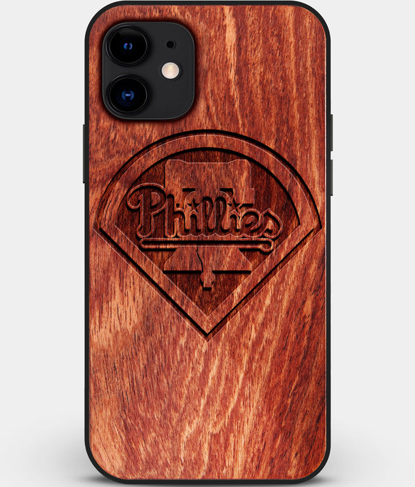 Custom Carved Wood Philadelphia Phillies iPhone 11 Case | Personalized Mahogany Wood Philadelphia Phillies Cover, Birthday Gift, Gifts For Him, Monogrammed Gift For Fan | by Engraved In Nature