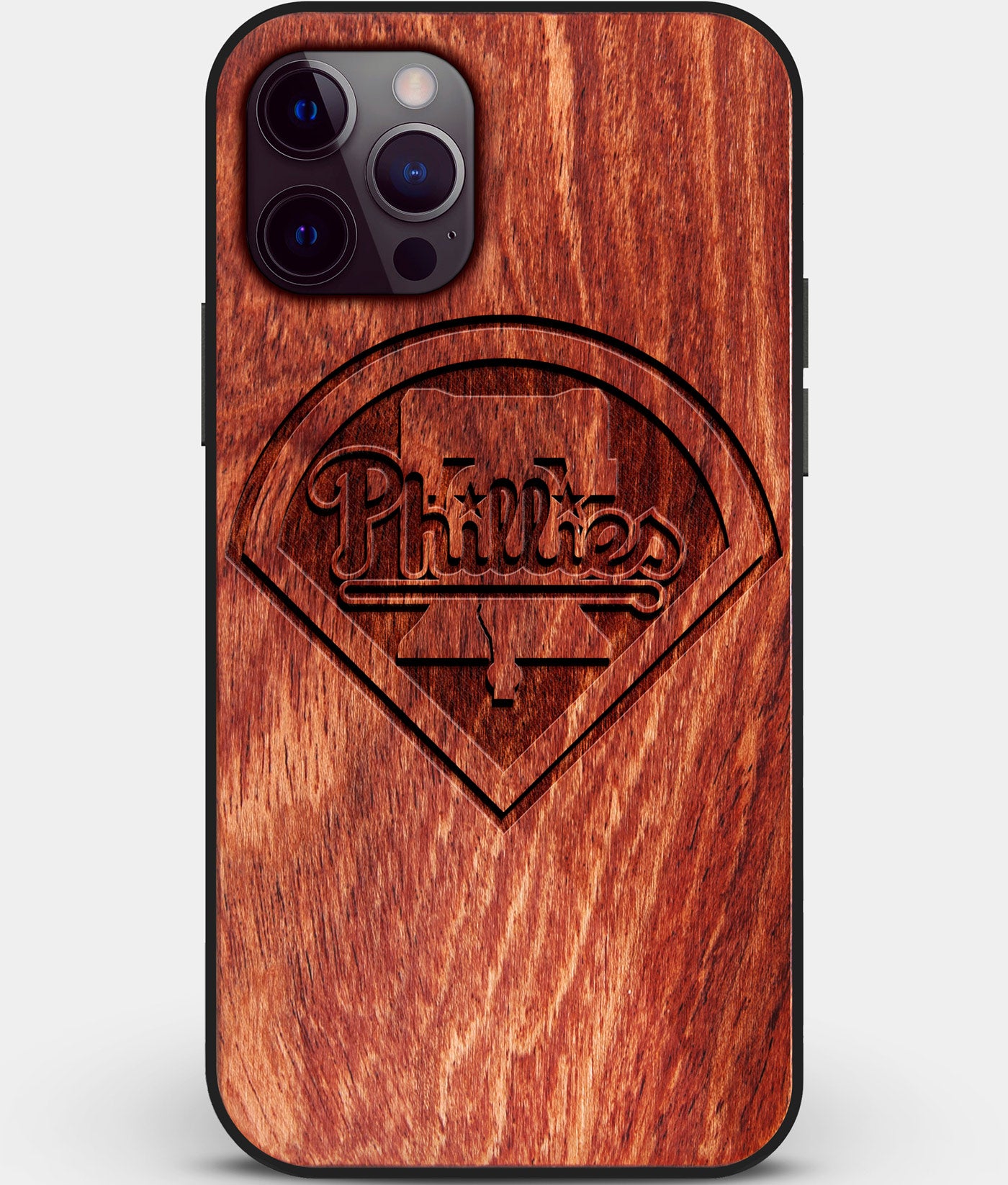 Custom Carved Wood Philadelphia Phillies iPhone 12 Pro Case | Personalized Mahogany Wood Philadelphia Phillies Cover, Birthday Gift, Gifts For Him, Monogrammed Gift For Fan | by Engraved In Nature