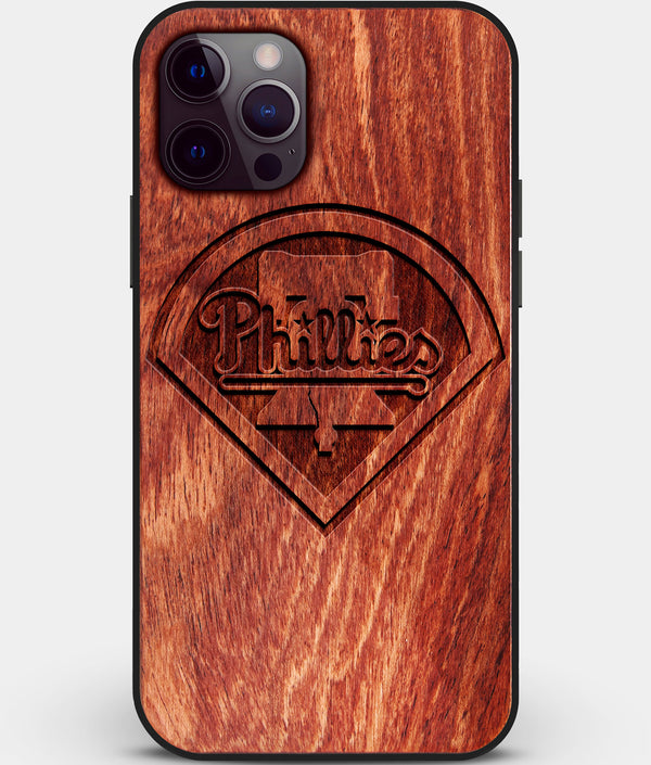 Custom Carved Wood Philadelphia Phillies iPhone 12 Pro Case | Personalized Mahogany Wood Philadelphia Phillies Cover, Birthday Gift, Gifts For Him, Monogrammed Gift For Fan | by Engraved In Nature