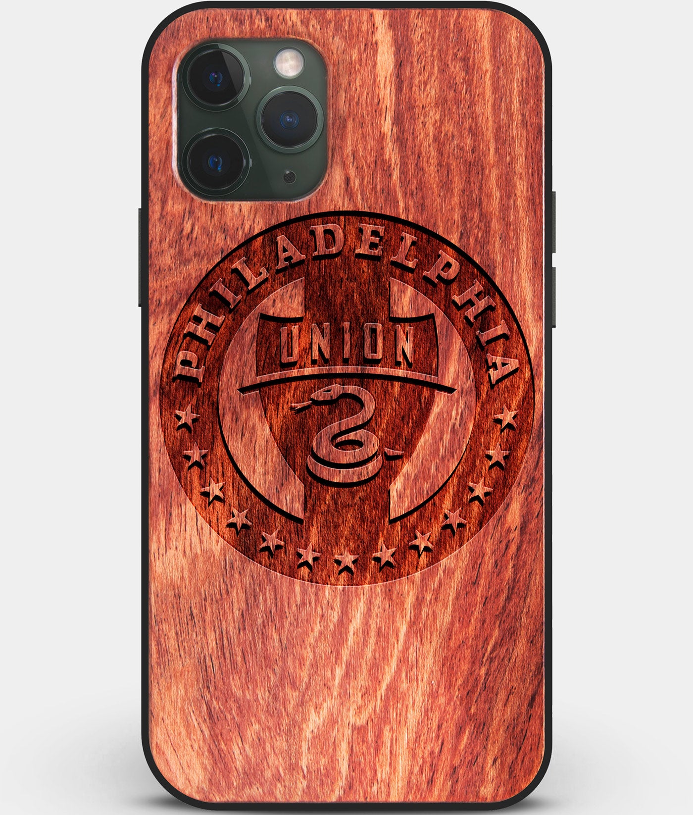 Custom Carved Wood Philadelphia Union iPhone 11 Pro Case | Personalized Mahogany Wood Philadelphia Union Cover, Birthday Gift, Gifts For Him, Monogrammed Gift For Fan | by Engraved In Nature