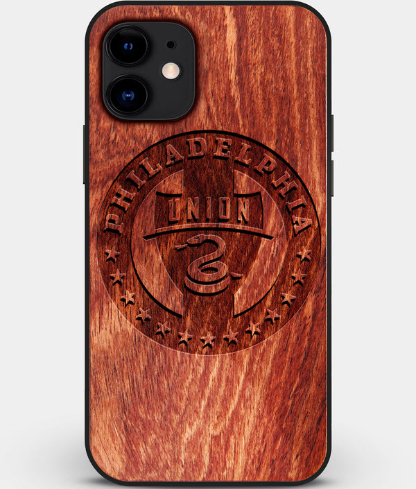 Custom Carved Wood Philadelphia Union iPhone 12 Mini Case | Personalized Mahogany Wood Philadelphia Union Cover, Birthday Gift, Gifts For Him, Monogrammed Gift For Fan | by Engraved In Nature