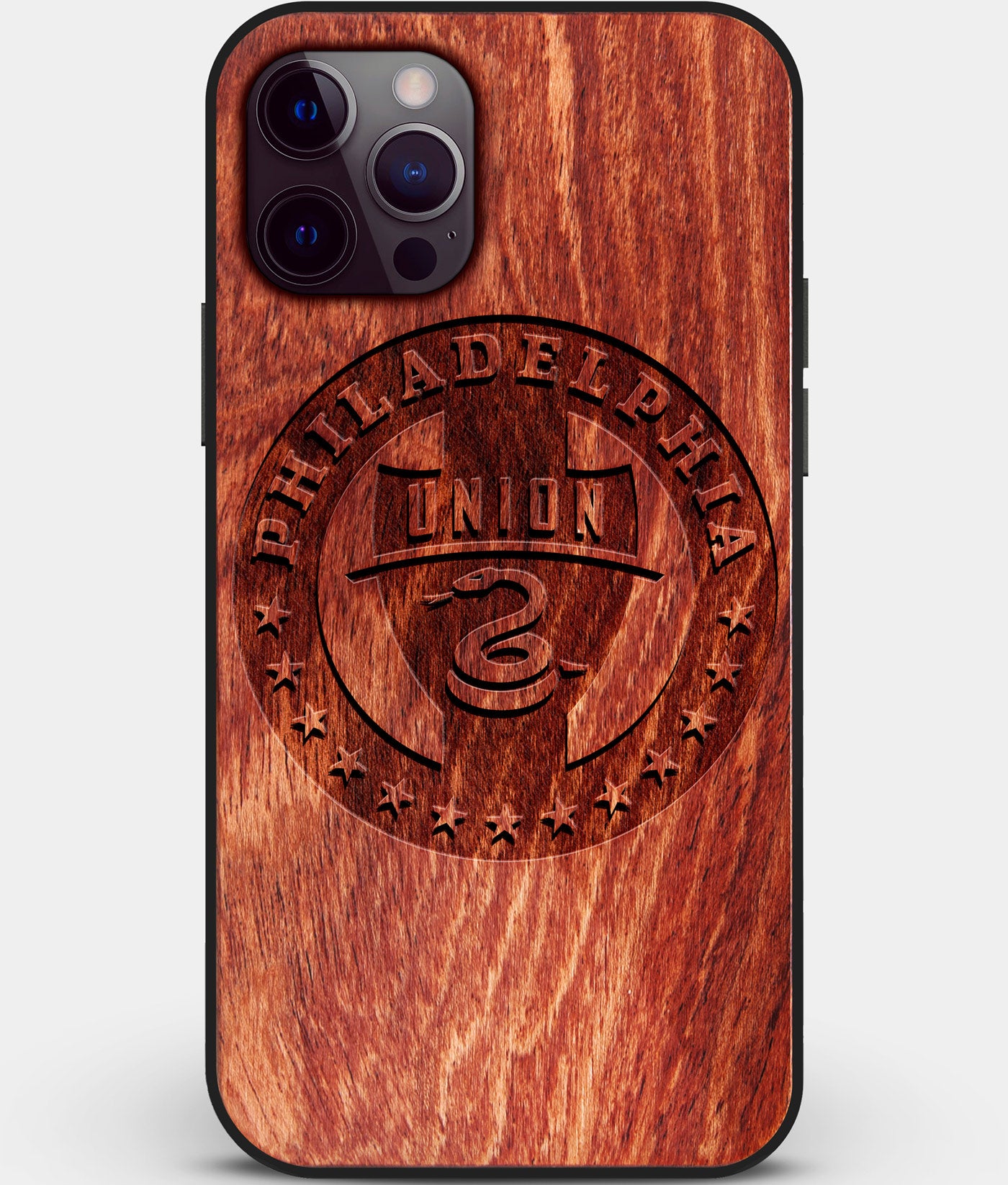Custom Carved Wood Philadelphia Union iPhone 12 Pro Case | Personalized Mahogany Wood Philadelphia Union Cover, Birthday Gift, Gifts For Him, Monogrammed Gift For Fan | by Engraved In Nature