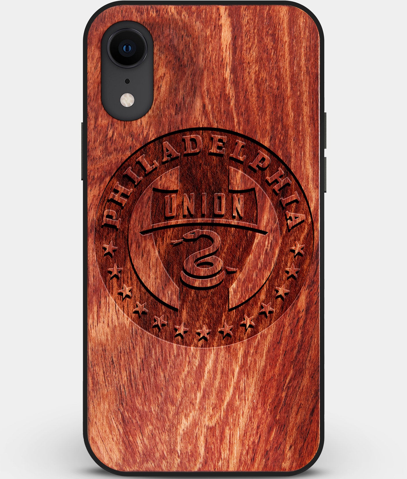Custom Carved Wood Philadelphia Union iPhone XR Case | Personalized Mahogany Wood Philadelphia Union Cover, Birthday Gift, Gifts For Him, Monogrammed Gift For Fan | by Engraved In Nature
