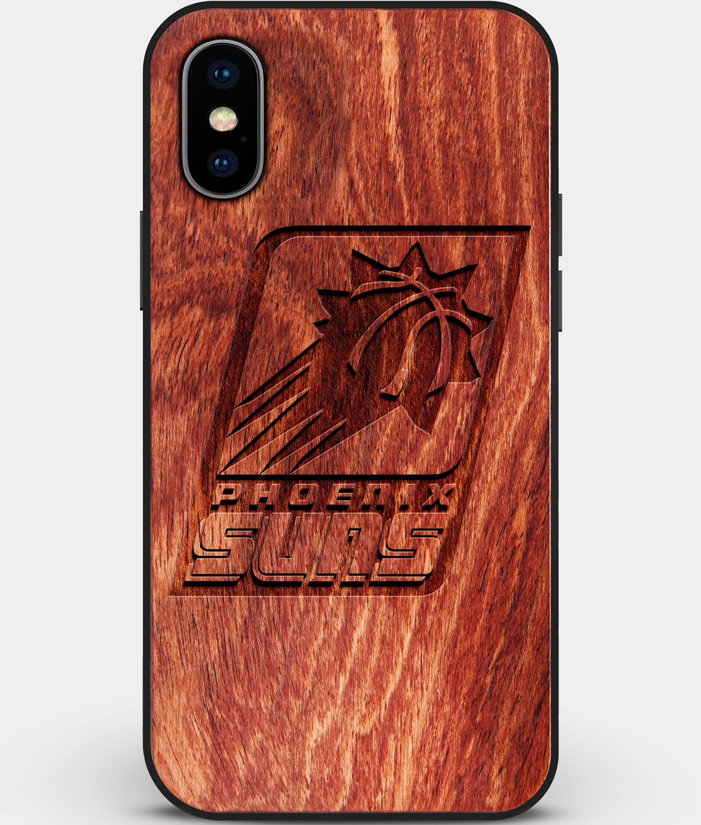 Custom Carved Wood Phoenix Suns iPhone X/XS Case | Personalized Mahogany Wood Phoenix Suns Cover, Birthday Gift, Gifts For Him, Monogrammed Gift For Fan | by Engraved In Nature