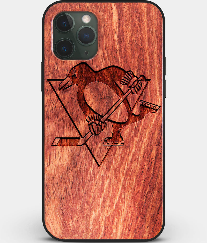 Custom Carved Wood Pittsburgh Penguins iPhone 11 Pro Max Case | Personalized Mahogany Wood Pittsburgh Penguins Cover, Birthday Gift, Gifts For Him, Monogrammed Gift For Fan | by Engraved In Nature