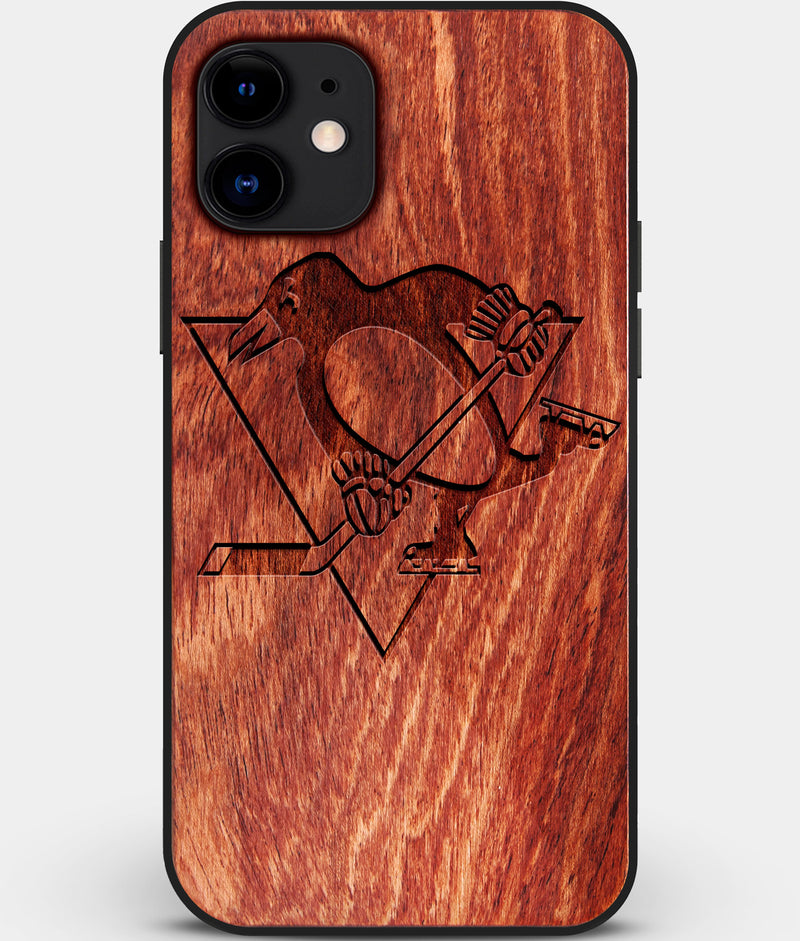 Custom Carved Wood Pittsburgh Penguins iPhone 12 Case | Personalized Mahogany Wood Pittsburgh Penguins Cover, Birthday Gift, Gifts For Him, Monogrammed Gift For Fan | by Engraved In Nature