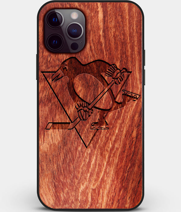 Custom Carved Wood Pittsburgh Penguins iPhone 12 Pro Case | Personalized Mahogany Wood Pittsburgh Penguins Cover, Birthday Gift, Gifts For Him, Monogrammed Gift For Fan | by Engraved In Nature