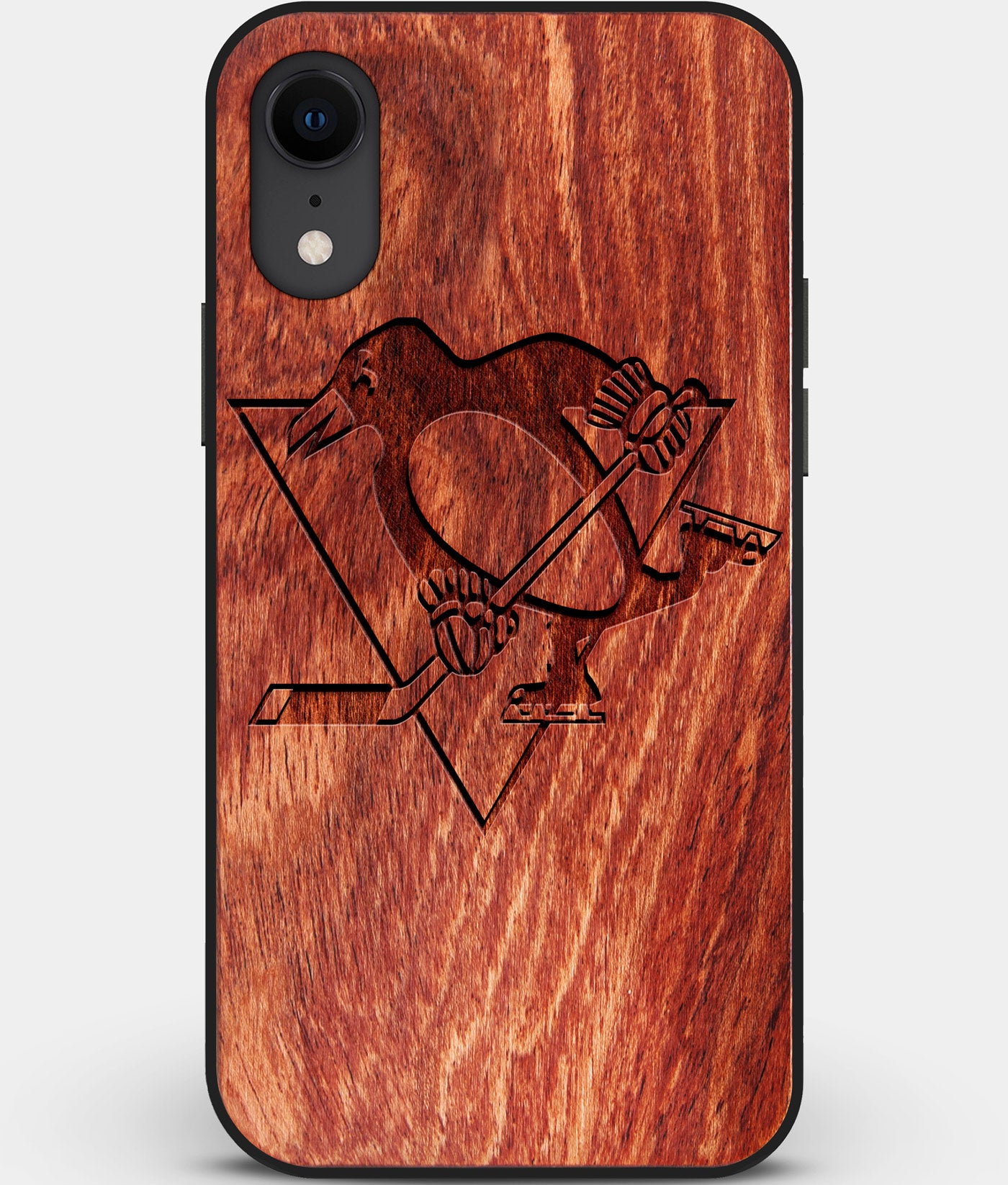 Custom Carved Wood Pittsburgh Penguins iPhone XR Case | Personalized Mahogany Wood Pittsburgh Penguins Cover, Birthday Gift, Gifts For Him, Monogrammed Gift For Fan | by Engraved In Nature