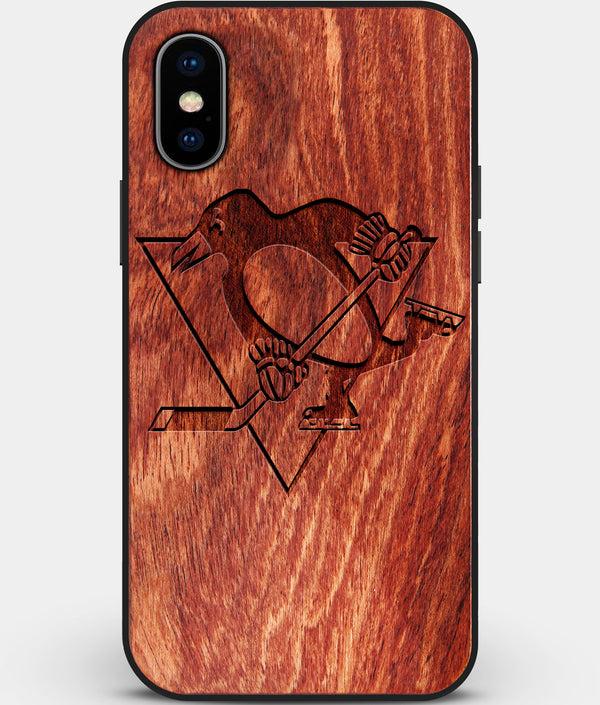 Custom Carved Wood Pittsburgh Penguins iPhone X/XS Case | Personalized Mahogany Wood Pittsburgh Penguins Cover, Birthday Gift, Gifts For Him, Monogrammed Gift For Fan | by Engraved In Nature