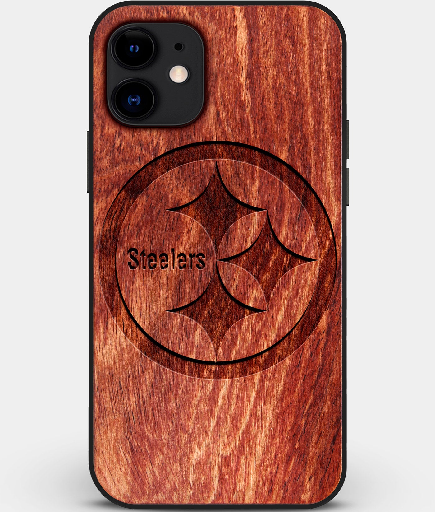 Custom Carved Wood Pittsburgh Steelers iPhone 11 Case | Personalized Mahogany Wood Pittsburgh Steelers Cover, Birthday Gift, Gifts For Him, Monogrammed Gift For Fan | by Engraved In Nature