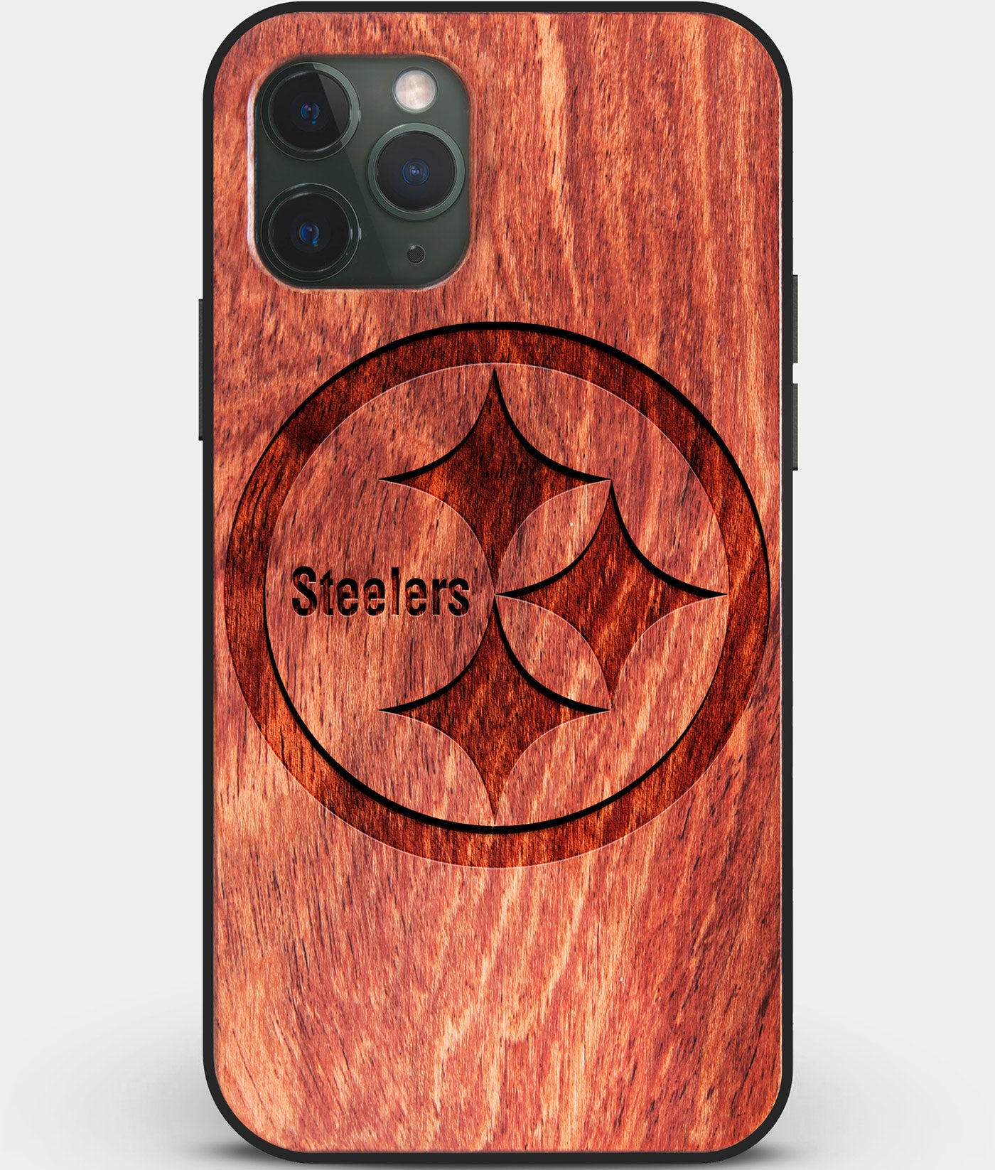 Custom Carved Wood Pittsburgh Steelers iPhone 11 Pro Case | Personalized Mahogany Wood Pittsburgh Steelers Cover, Birthday Gift, Gifts For Him, Monogrammed Gift For Fan | by Engraved In Nature