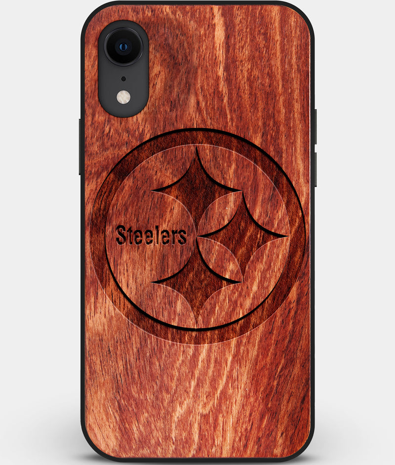 Custom Carved Wood Pittsburgh Steelers iPhone XR Case | Personalized Mahogany Wood Pittsburgh Steelers Cover, Birthday Gift, Gifts For Him, Monogrammed Gift For Fan | by Engraved In Nature