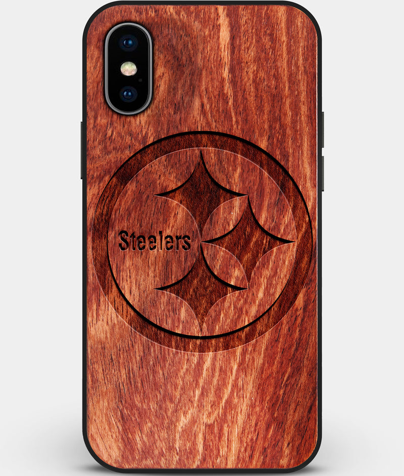 Custom Carved Wood Pittsburgh Steelers iPhone XS Max Case | Personalized Mahogany Wood Pittsburgh Steelers Cover, Birthday Gift, Gifts For Him, Monogrammed Gift For Fan | by Engraved In Nature