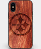 Custom Carved Wood Pittsburgh Steelers iPhone XS Max Case | Personalized Mahogany Wood Pittsburgh Steelers Cover, Birthday Gift, Gifts For Him, Monogrammed Gift For Fan | by Engraved In Nature