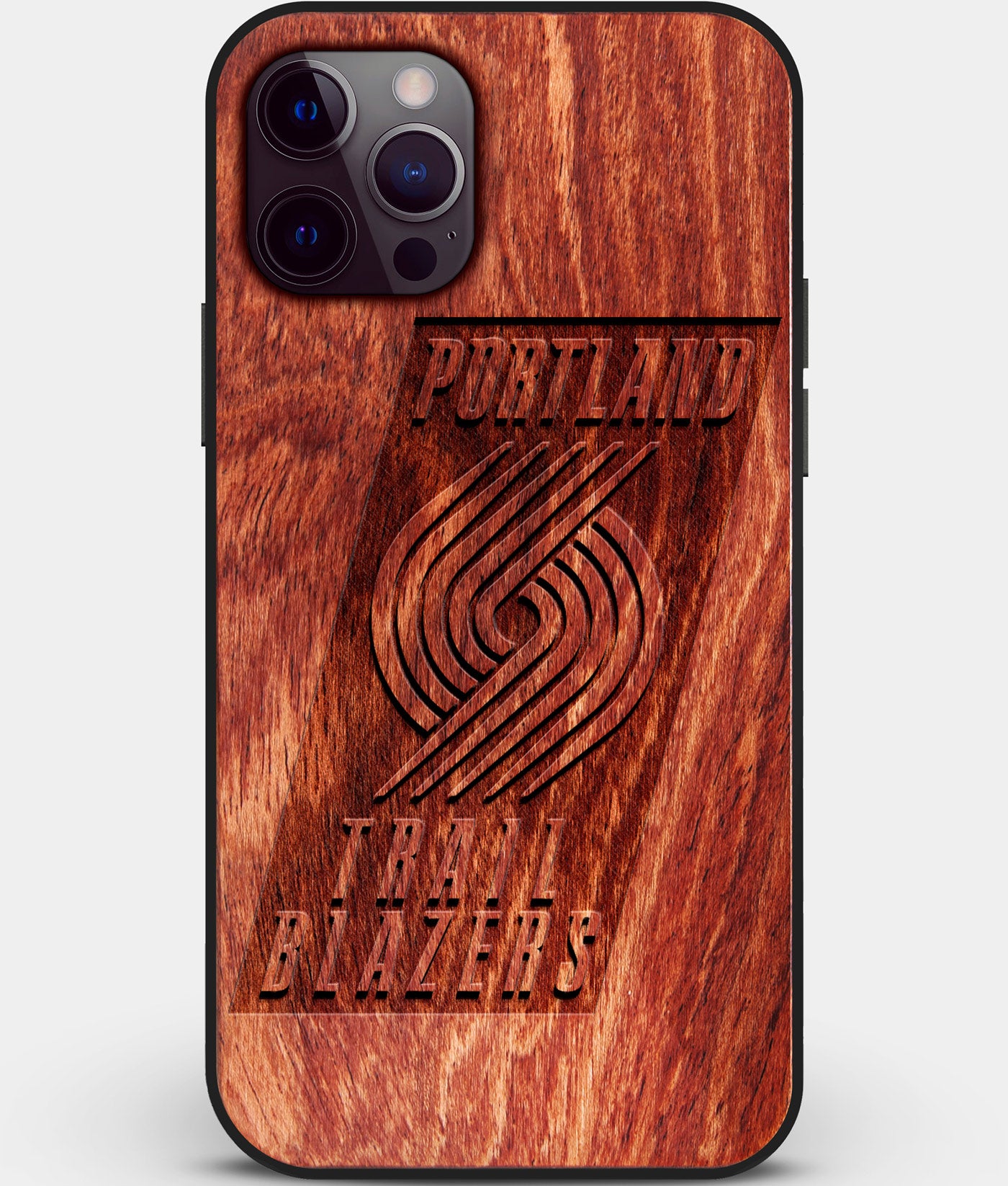 Custom Carved Wood Portland Trail Blazers iPhone 12 Pro Case | Personalized Mahogany Wood Portland Trail Blazers Cover, Birthday Gift, Gifts For Him, Monogrammed Gift For Fan | by Engraved In Nature