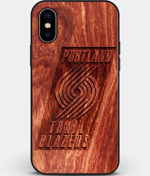 Custom Carved Wood Portland Trail Blazers iPhone X/XS Case | Personalized Mahogany Wood Portland Trail Blazers Cover, Birthday Gift, Gifts For Him, Monogrammed Gift For Fan | by Engraved In Nature