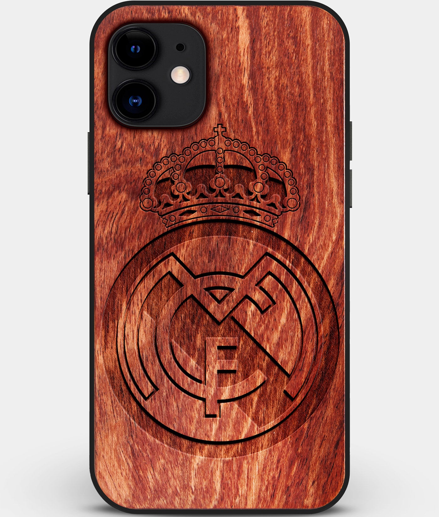 Custom Carved Wood Real Madrid C.F. iPhone 12 Case | Personalized Mahogany Wood Real Madrid C.F. Cover, Birthday Gift, Gifts For Him, Monogrammed Gift For Fan | by Engraved In Nature
