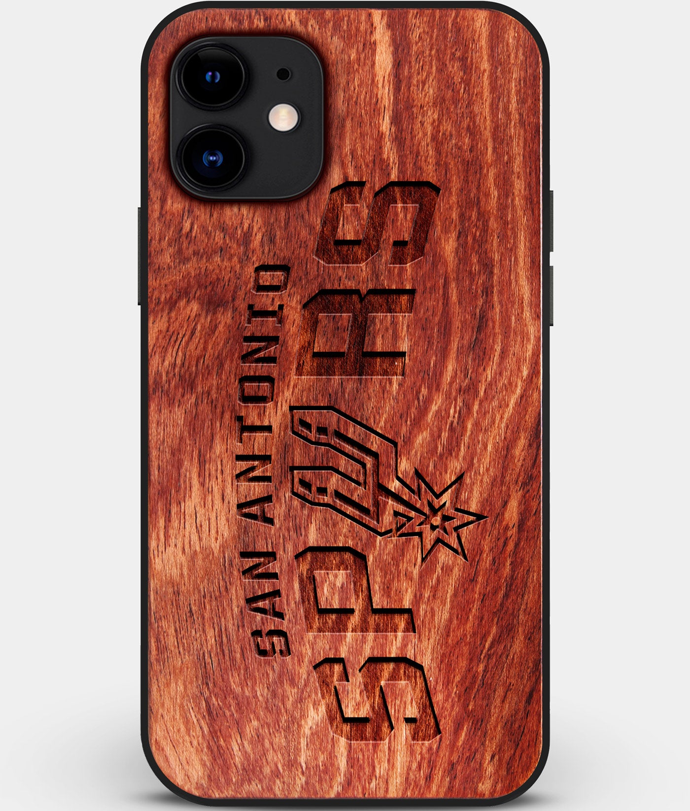 Custom Carved Wood San Antonio Spurs iPhone 12 Mini Case | Personalized Mahogany Wood San Antonio Spurs Cover, Birthday Gift, Gifts For Him, Monogrammed Gift For Fan | by Engraved In Nature