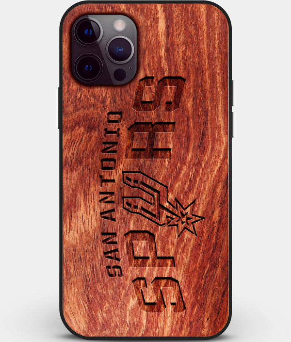 Custom Carved Wood San Antonio Spurs iPhone 12 Pro Case | Personalized Mahogany Wood San Antonio Spurs Cover, Birthday Gift, Gifts For Him, Monogrammed Gift For Fan | by Engraved In Nature