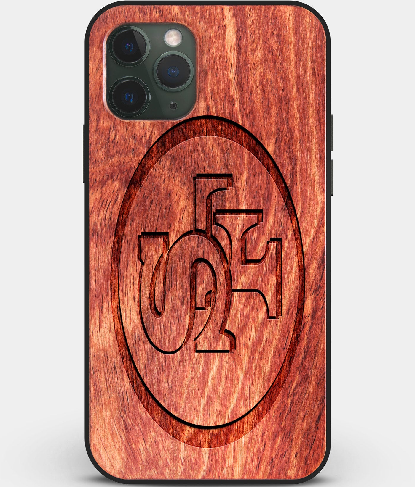 Custom Carved Wood San Francisco 49ers iPhone 11 Pro Case | Personalized Mahogany Wood San Francisco 49ers Cover, Birthday Gift, Gifts For Him, Monogrammed Gift For Fan | by Engraved In Nature