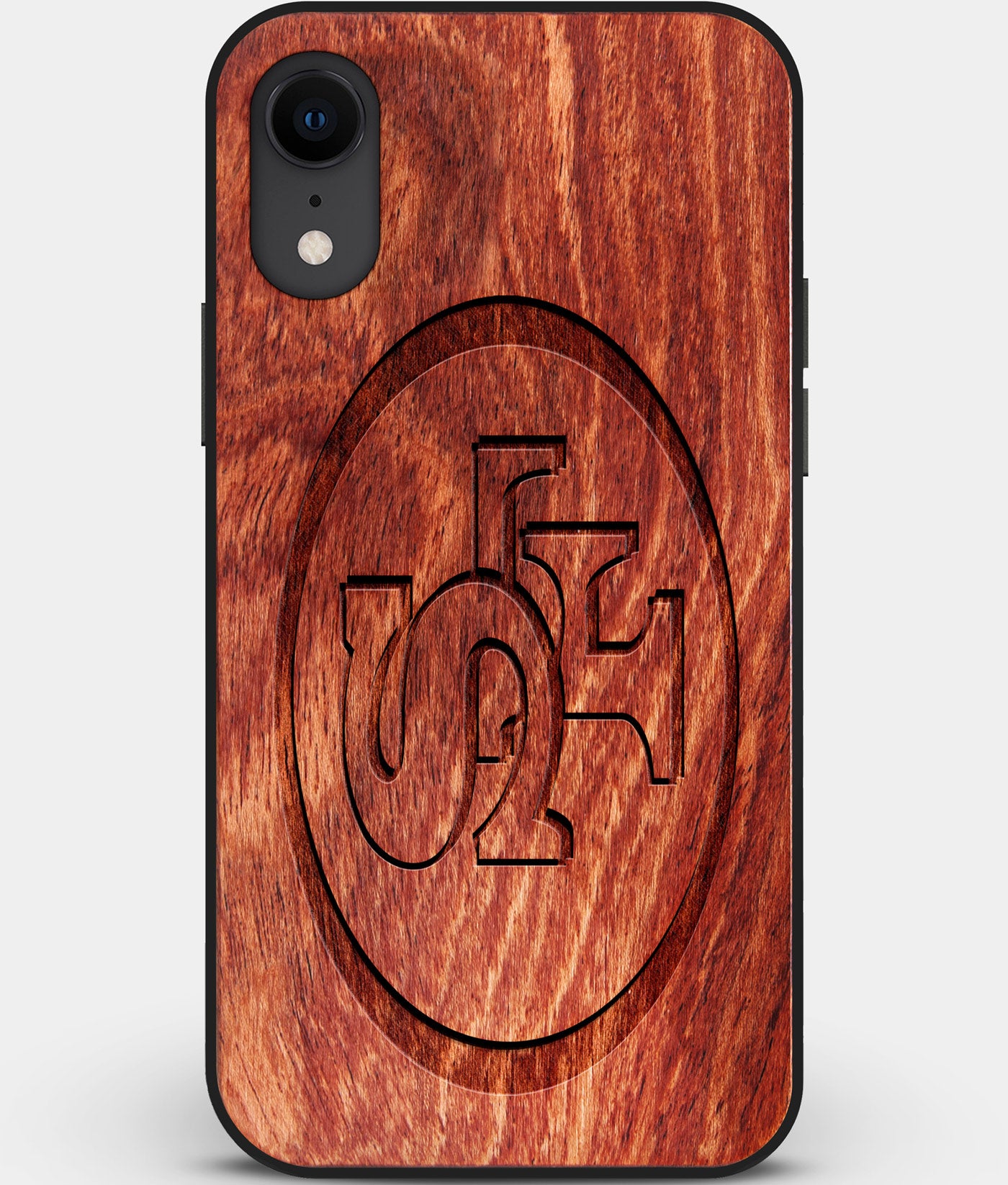 Custom Carved Wood San Francisco 49ers iPhone XR Case | Personalized Mahogany Wood San Francisco 49ers Cover, Birthday Gift, Gifts For Him, Monogrammed Gift For Fan | by Engraved In Nature
