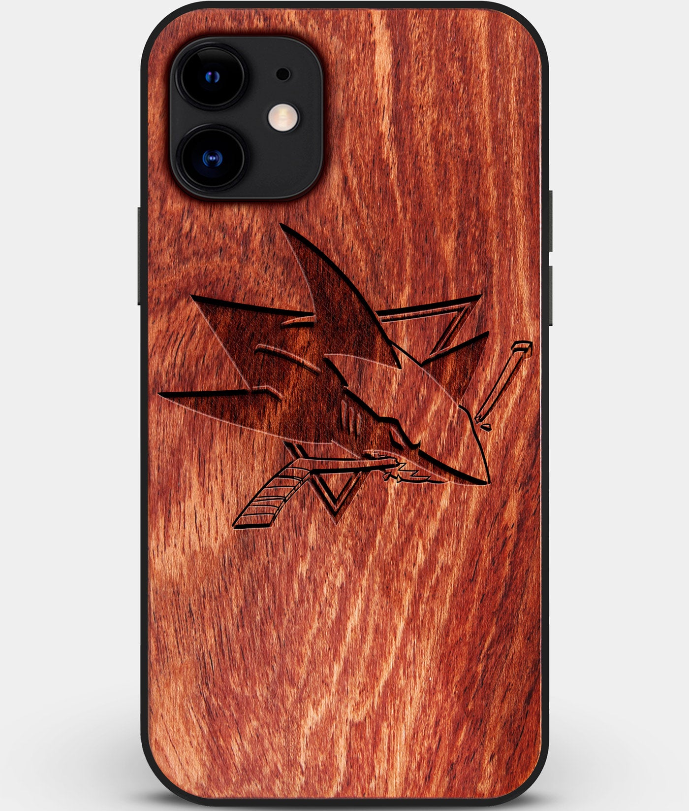 Custom Carved Wood San Jose Sharks iPhone 12 Case | Personalized Mahogany Wood San Jose Sharks Cover, Birthday Gift, Gifts For Him, Monogrammed Gift For Fan | by Engraved In Nature