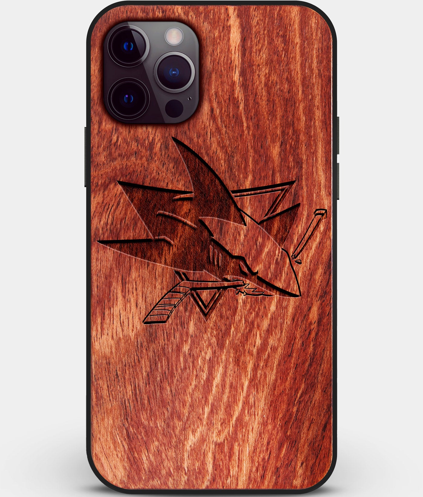 Custom Carved Wood San Jose Sharks iPhone 12 Pro Case | Personalized Mahogany Wood San Jose Sharks Cover, Birthday Gift, Gifts For Him, Monogrammed Gift For Fan | by Engraved In Nature