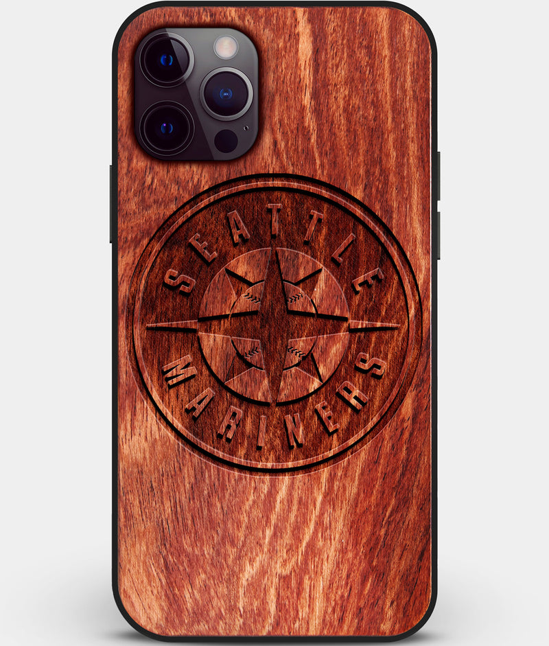 Custom Carved Wood Seattle Mariners iPhone 12 Pro Case | Personalized Mahogany Wood Seattle Mariners Cover, Birthday Gift, Gifts For Him, Monogrammed Gift For Fan | by Engraved In Nature