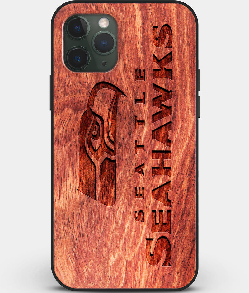 Custom Carved Wood Seattle Seahawks iPhone 11 Pro Max Case | Personalized Mahogany Wood Seattle Seahawks Cover, Birthday Gift, Gifts For Him, Monogrammed Gift For Fan | by Engraved In Nature