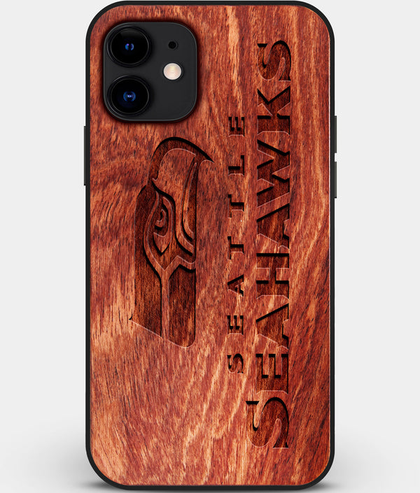 Custom Carved Wood Seattle Seahawks iPhone 12 Case | Personalized Mahogany Wood Seattle Seahawks Cover, Birthday Gift, Gifts For Him, Monogrammed Gift For Fan | by Engraved In Nature