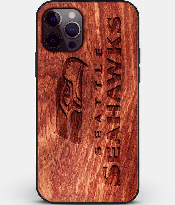 Custom Carved Wood Seattle Seahawks iPhone 12 Pro Max Case | Personalized Mahogany Wood Seattle Seahawks Cover, Birthday Gift, Gifts For Him, Monogrammed Gift For Fan | by Engraved In Nature